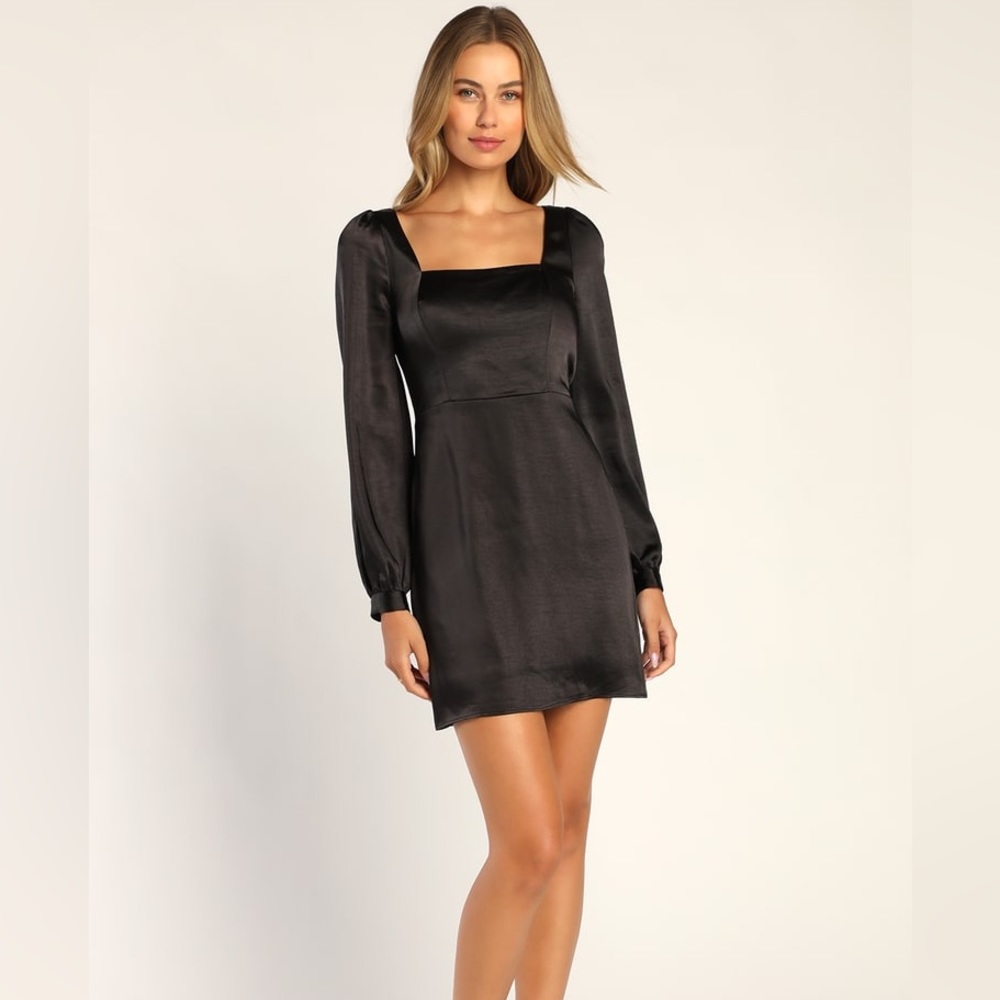 Lulus satin black long sleeve mini dress